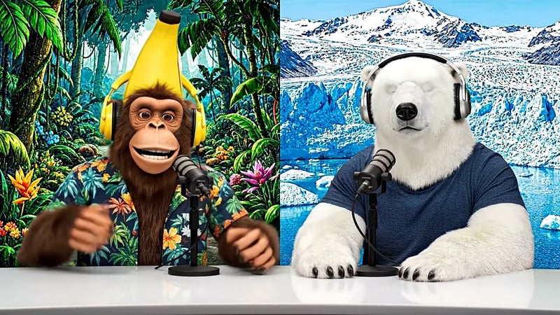 Veo 3.1 video with dialogue: a cartoon monkey and polar bear hosting a podcast at a desk with microphones