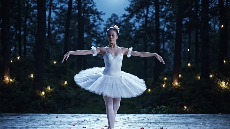 Veo 3.1 Lite video: a ballerina in a white tutu dancing on an outdoor stage in a dark forest with fireflies