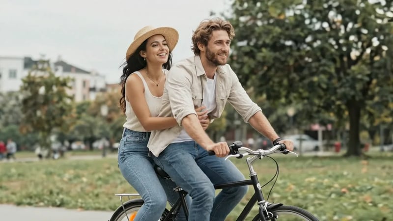 Veo 3.1 Lite image-to-video clip: a smiling couple sharing a bicycle on a park path