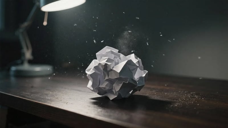 Veo 3.1 image-to-video clip: a crumpled paper ball on a dark wooden desk under a lamp