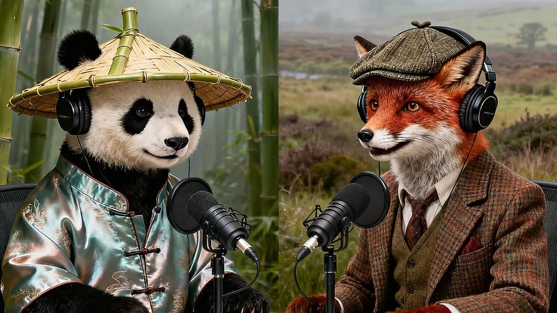 Veo 3.1 image-to-video clip: a panda in a straw hat and a red fox in a tweed cap talking into podcast microphones