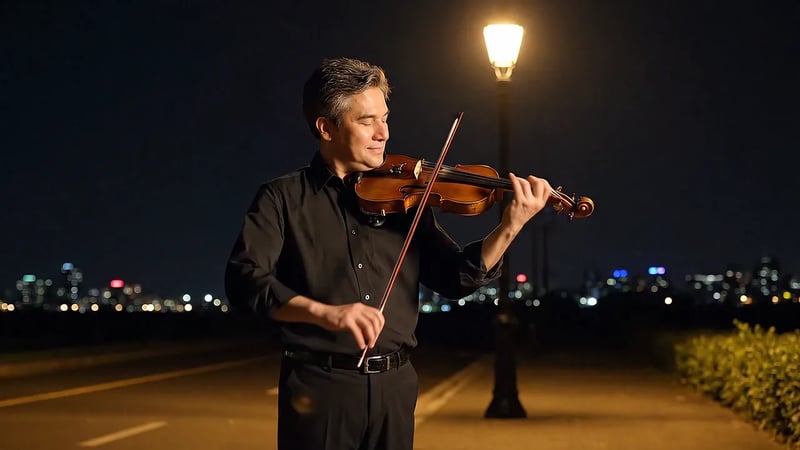 Veo 3.1 video: a man playing the violin under a street lamp at night, city lights behind him
