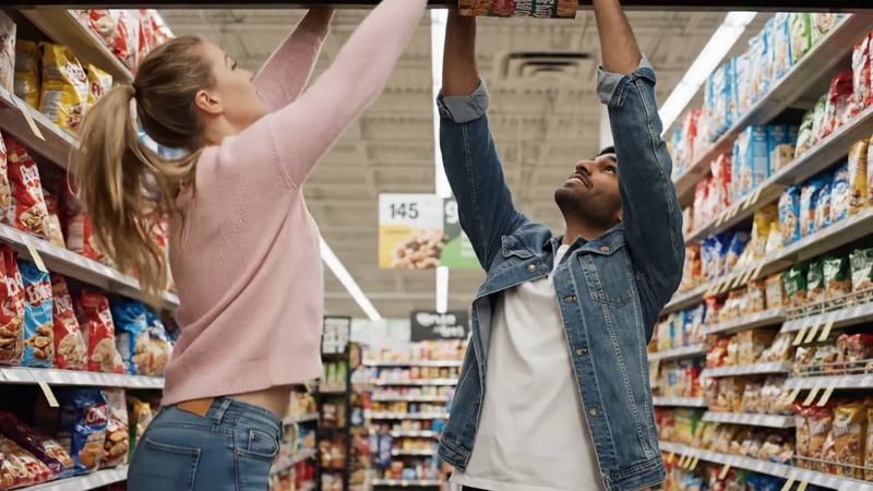 Veo 3.1 Fast text-to-video clip: a man and a woman reaching for the same cereal box on a top supermarket shelf